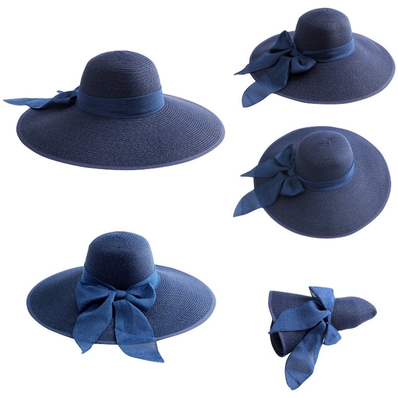 Lanzom Womens 5.7 Inches Big Bowknot Straw Hat Large Floppy Foldable Roll up Beach Cap Sun Hat UPF 50+ Fit Size 6 8/7-7 1/4(Navy Blue) - Image 2